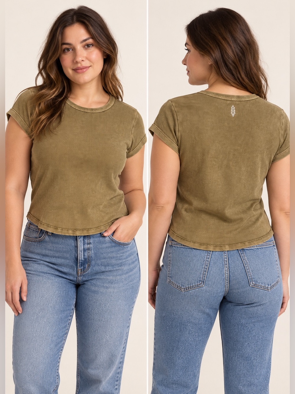 #956 Free People Ribbed Mineral Wash Baby Tee Olive Brown L